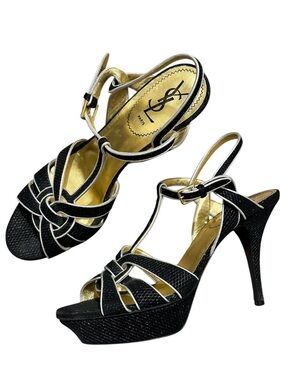 YSL Yves Saint Laurent Tribute Black Textured Gold T-Strap Platform Heels 40